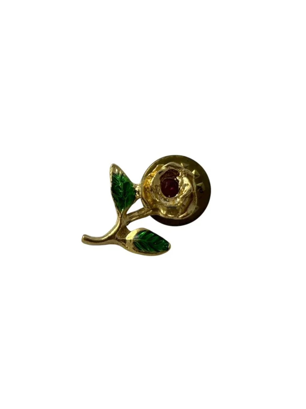 Gold Tone Rose Flower Brooch Green Enamel Leaves Red Crystal Pin Delicate